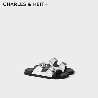 CHARLES&KEITH24夏亮钻圆扣平跟外穿休闲凉拖鞋CK1-71720050 Silver银色 35