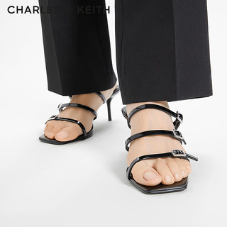 CHARLES&KEITH24夏季法式方头一字带高跟凉拖女CK1-60920373 Black Patent黑色 34