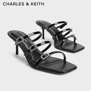 CHARLES&KEITH24夏季法式方头一字带高跟凉拖女CK1-60920373 Black Patent黑色 34