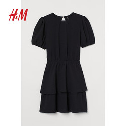 H&M 女装连衣裙夏季新款收腰美背双层裙摆泡泡短袖裙子0938937 黑色 160/84