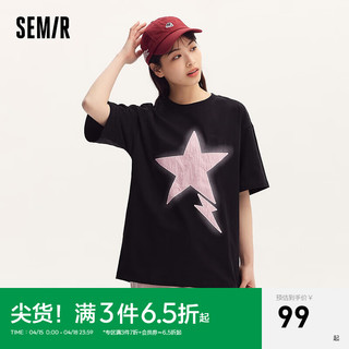 森马（Semir）森马短袖T恤女中长款设计感星星宽松上衣夏季个性印花套头衫甜酷 黑色90001 150/76A/XS