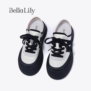 Bella Lily2024春季黑白拼色板鞋女可踩后跟休闲鞋增高大头鞋 黑色 35