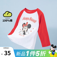 Disney 迪士尼 童装长袖t恤男童米奇女童米妮卡通纯棉上衣 白拼红-米妮 4岁/身高110cm