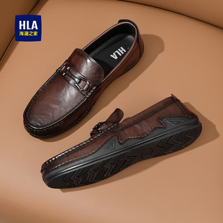 海澜之家HLA皮鞋男士套脚软底休闲皮鞋复古乐福鞋HAAPXM2DAL029 棕色41
