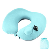 WELLHOUSE爱心充气枕按压式U型枕旅行枕可拆洗丝光棉材质A款 天蓝