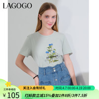 lagogo拉谷谷凉感抗菌国风印花刺绣T恤2024夏正肩短袖女 浅绿色(L8) XL