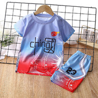 新款中国风儿童运动套装童装男童女童短袖T恤两件套 深蓝色 100cm
