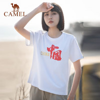 CAMEL 骆驼 户外运动T恤女款春夏季国潮印花时尚宽松透气休闲上衣 7012212001，极地白，女 L