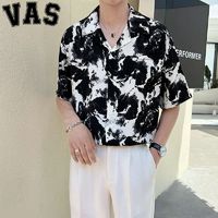 VAS&CO 夏季短袖衬衫男士宽松高级设计感冰丝上衣中袖水墨印花衬衣