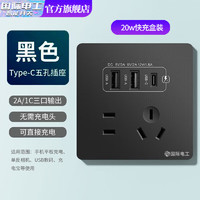 fdd 国际电工 双USB插座面板20W快充墙壁无需充电头Type-c家用五孔插座快充面板 墨石黑升级20W快充款