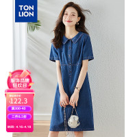 唐狮 TONLION女翻领短袖牛仔连衣裙 深牛仔蓝 S