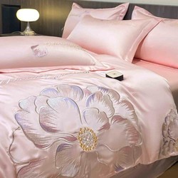 梦巢 夏季裸睡丝滑冰丝四件套床上用品花卉刺绣家用床单被套套件