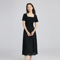 洛可可（ROCOCO）黑色方领连衣裙女中长款A字裙短袖纯色露腰夏季裙子 黑色 S
