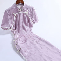 戚薇复古民国风紫色提花短袖旗袍2024年春夏季气质优雅淑女范 紫色 S