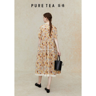 茶·愫【水色花影】puretea茶愫水彩印花连衣裙女镂空织带2024夏季 琥珀黄 S