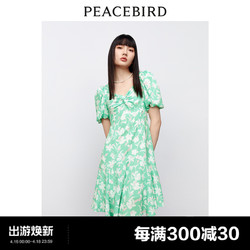 PEACEBIRD 太平鸟 男装 太平鸟短款连衣裙女胸前V领扭结印花泡泡袖裙子夏季