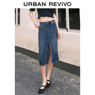 URBAN REVIVO 女士复古时髦猫须水洗开衩牛仔半裙 UWH840058 蓝色 XXS