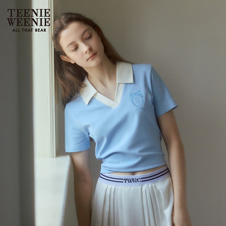 Teenie Weenie小熊2024年夏季撞色POLO短袖正肩T恤短款上衣女 浅蓝色 165/M