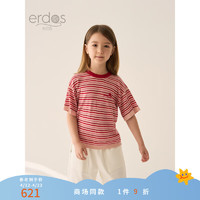 ERDOS KIDS鄂尔多斯童装24春夏精纺圆领纯棉条纹男女童短袖T恤 桃花 130cm