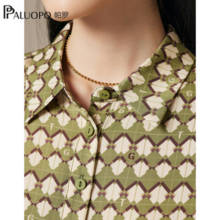 帕罗（PALUOPO）春夏女士短袖t恤真丝印花polo领T短袖通勤撞色上装双乔半袖衫 绿色 M(160/84A)