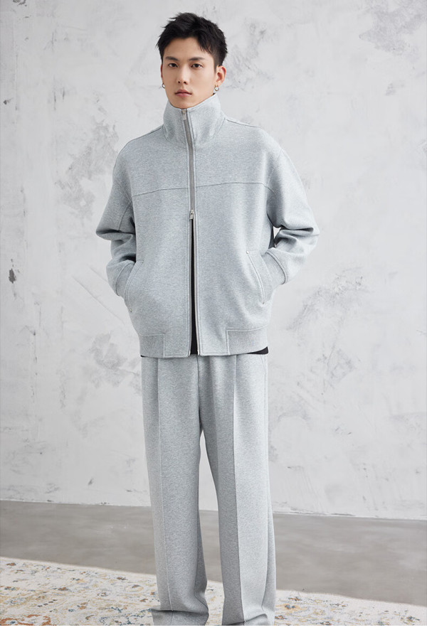 x春季330g竖纹空气层双开拉链立领宽松休闲卫衣男开衫男士灰色外套 花