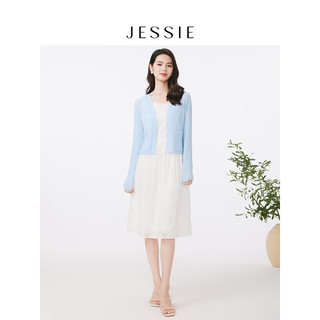 JESSIE简约口袋针织开衫修身空调衫女2024春 蓝色 S