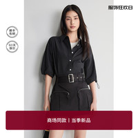 欧时力 休闲上衣2024春新抽绳短款小个子短袖衬衫女 黑色 XS