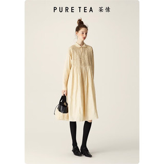 茶·愫【瓷白剪花】puretea茶愫娃娃领高腰连衣裙女蕾丝绣花2024春 浅杏 M