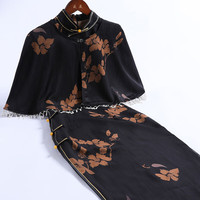 戚薇新中式旗袍2024春夏修身气质日常可穿披肩两件套中长连衣裙 黑色 M