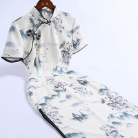 戚薇改良古韵水墨旗袍2024夏季日常可穿中国风高叉中长款连衣裙   米色 S