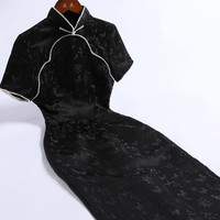 戚薇改良黑色旗袍夏季2024年轻款气质显瘦短袖复古日常连衣裙 黑色 2XL