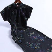 戚薇复古风全开襟无袖旗袍2024年新中式女国风显瘦长款日常连衣裙 黑色 S