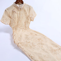 戚薇改良旗袍2024夏季提花缎年轻气质修身日常新中式连衣裙女 黄色 M