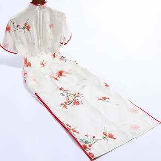 戚薇2024年日常新中式复古国风旗袍可穿气质高级感短袖印花连衣裙   米色 XL