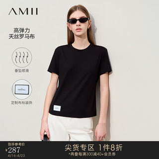 AMII2024夏休闲百搭圆领直筒合肩短袖布标装饰弹力T恤女款 黑色 155/80A/S