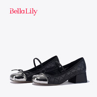Bella Lily2024春季菱格小香风玛丽珍鞋女羊皮单鞋粗跟高跟鞋 黑色 38