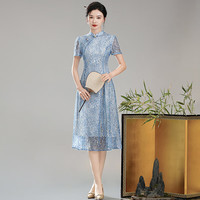 秀觀唐清蓝2024夏装改良新中式国风女装日常修身旗袍连衣裙 蓝色 M