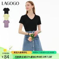 La·go·go 拉谷谷 lagogo拉谷谷纯色V领简约内搭T恤2024夏季打底短袖气质上衣女 黑色(W1) M
