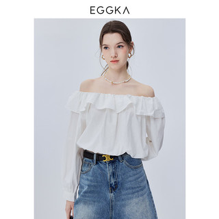 EGGKA 一字肩荷叶边衬衫春夏法式设计感小众别致长袖衬衣 粉色 均码