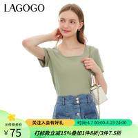 lagogo拉谷谷纯色法式方领高级感T恤女2024夏季修身显瘦上衣 浅绿色(L8) M