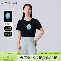 阿依莲（A.YILIAN）黑色短袖正肩女t恤2024夏季印花体恤短上衣圆领纯棉打底衫 黑色 L