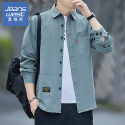 衬衫男士秋装纯棉工装衬衣秋季新款休闲百搭外套衣服男装上衣豆绿l码