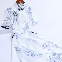 戚薇奥黛旗袍2024年轻款少女复古气质日常改良连衣裙夏季 米色 M