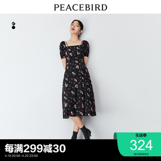 PEACEBIRD 太平鸟 2023年春季设计感印花连衣裙女两穿式收腰显瘦小黑裙奥莱