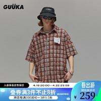 古由卡（GUUKA）LAB沙丘废土风格子短袖衬衫男夏潮 美式复古毛边亲肤上衣宽松 橘色 XXL