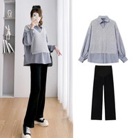 苒琦妈咪春装套装时尚2024春秋款洋气假两件上衣阔腿裤春季外穿两件套 灰色上衣【单件】 XL