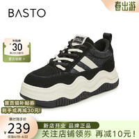 BASTO 百思图 24春波浪底运动板鞋厚底增高女休闲面包鞋XD711AM4 黑色 38