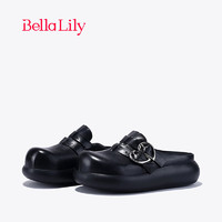 Bella Lily2024春季黑色炸街半包拖鞋女牛皮面包鞋外穿休闲鞋 黑色 36