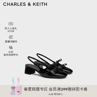 CHARLES&KEITH24夏法式蝴蝶结粗跟包头低跟凉鞋CK1-61720194 Black Patent黑色 34