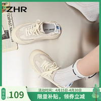 ZHR休闲鞋女秋季时尚丑萌圆头拼色运动鞋子女软糯透气系带帆布鞋 米色 40码